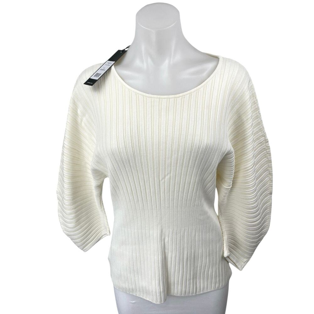 NEW BCBGMAXAZRIA Women's Cream Ribbed Knit Long Balloon Sleeve Sweater Top Sz L